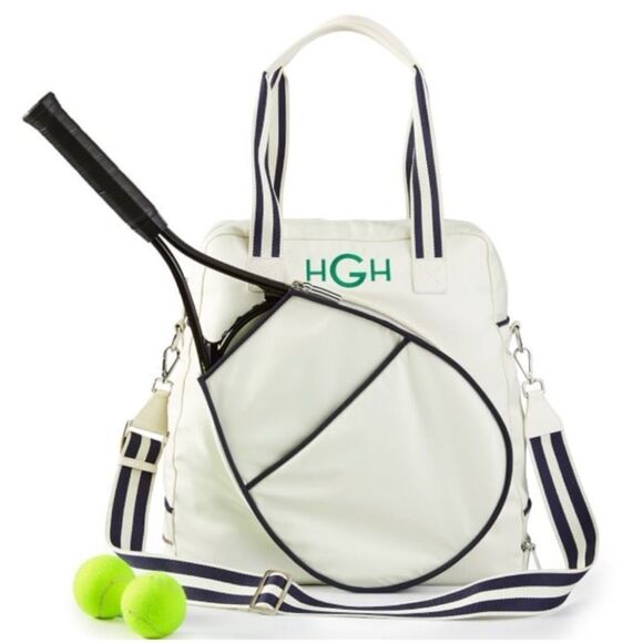 NEW MARK & GRAHAM PREPPY White/Navy stripe TENNIS RACQUET  MARK & GRAHAM PREPPY White/Navy stripe TENNIS RACQUET BAG / Monogram GMS